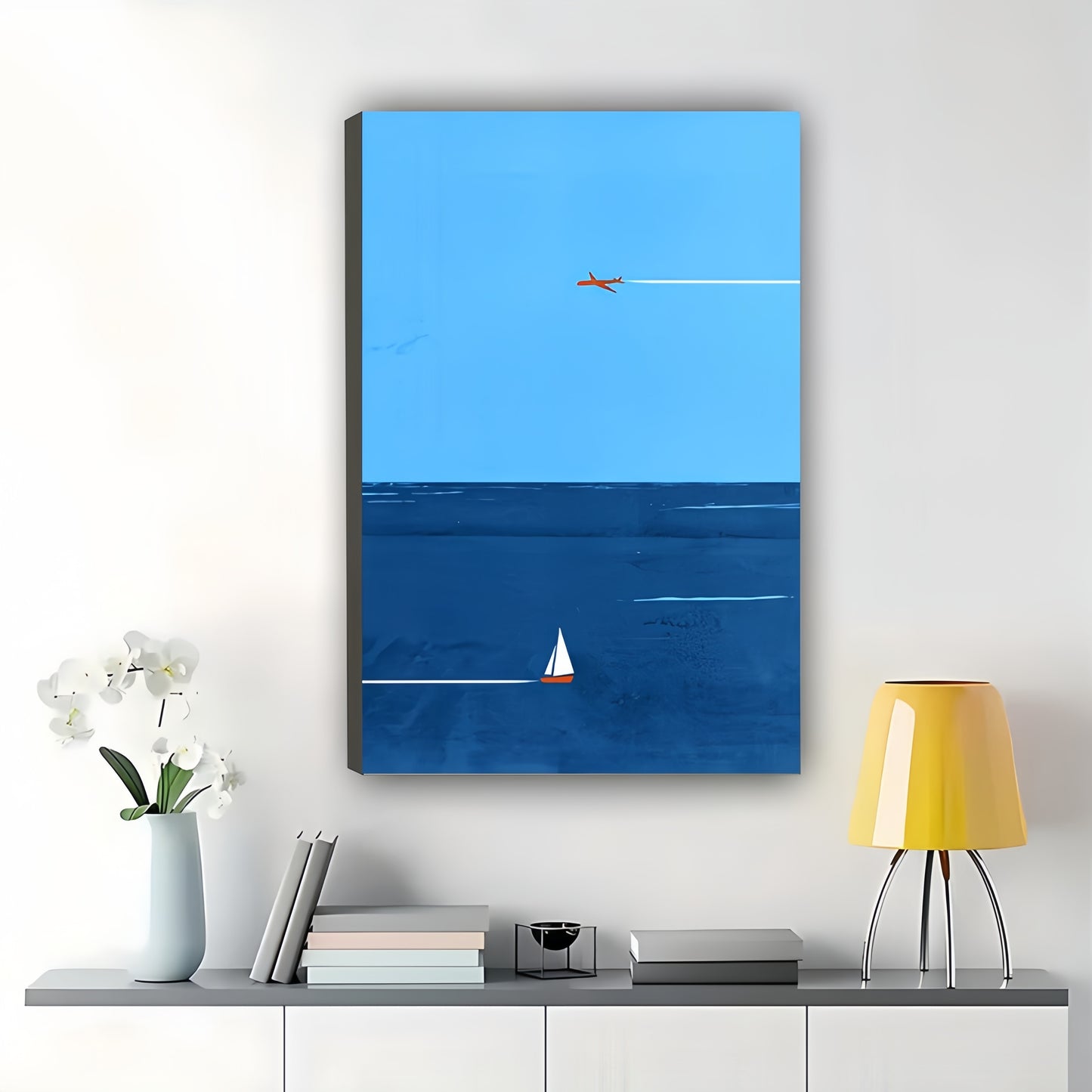 Minimalist Ocean, Sailboat  Airplane – Calm Coastal Wall Art on Natural Wood Canvas | W692