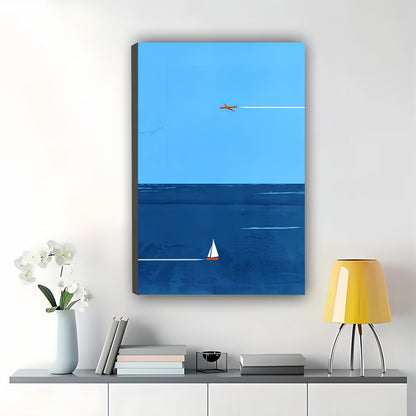 Minimalist Ocean, Sailboat  Airplane – Calm Coastal Wall Art on Natural Wood Canvas | W692