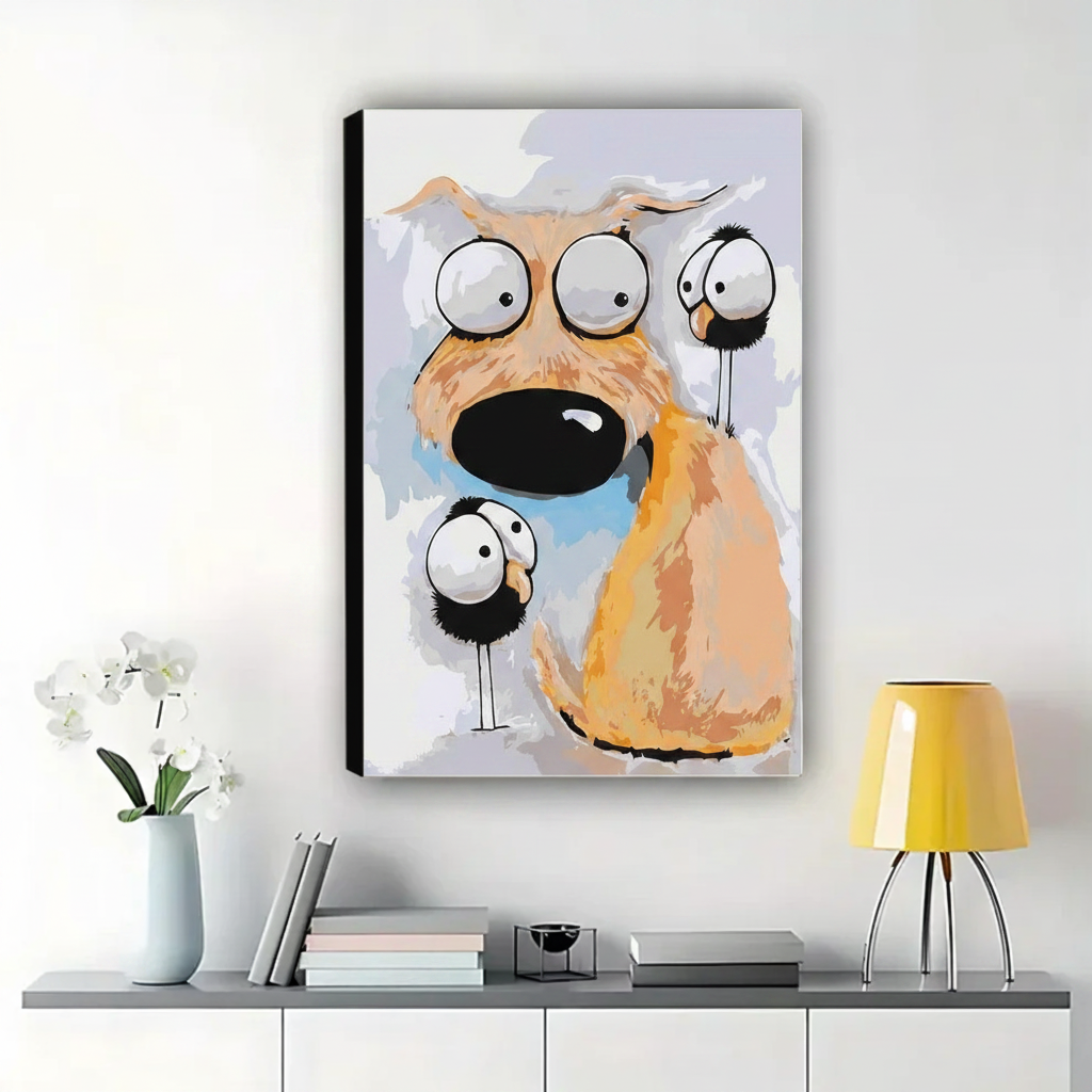 Big-Eyed Dog & Two Funny Birds Wall Art – Whimsical Cartoon Canvas Print on Natural Wood Frame | W2177