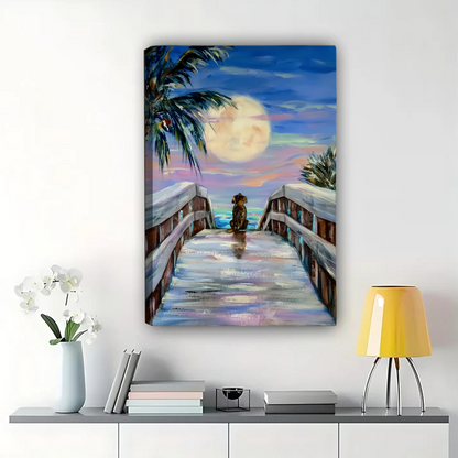 Dog Watching Moon Beach Wall Art - Tropical Sunset Print|W1313