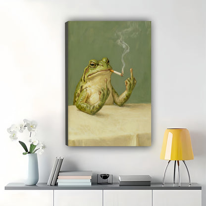 Retro Smoking Frog – Humorous Anthropomorphic Wall Art on Natural Wood Canvas | W808