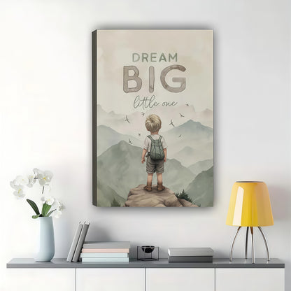 "Dream Big Little One" Wall Art – Inspirational Mountain Child Canvas Print on Natural Wood Frame | W2422