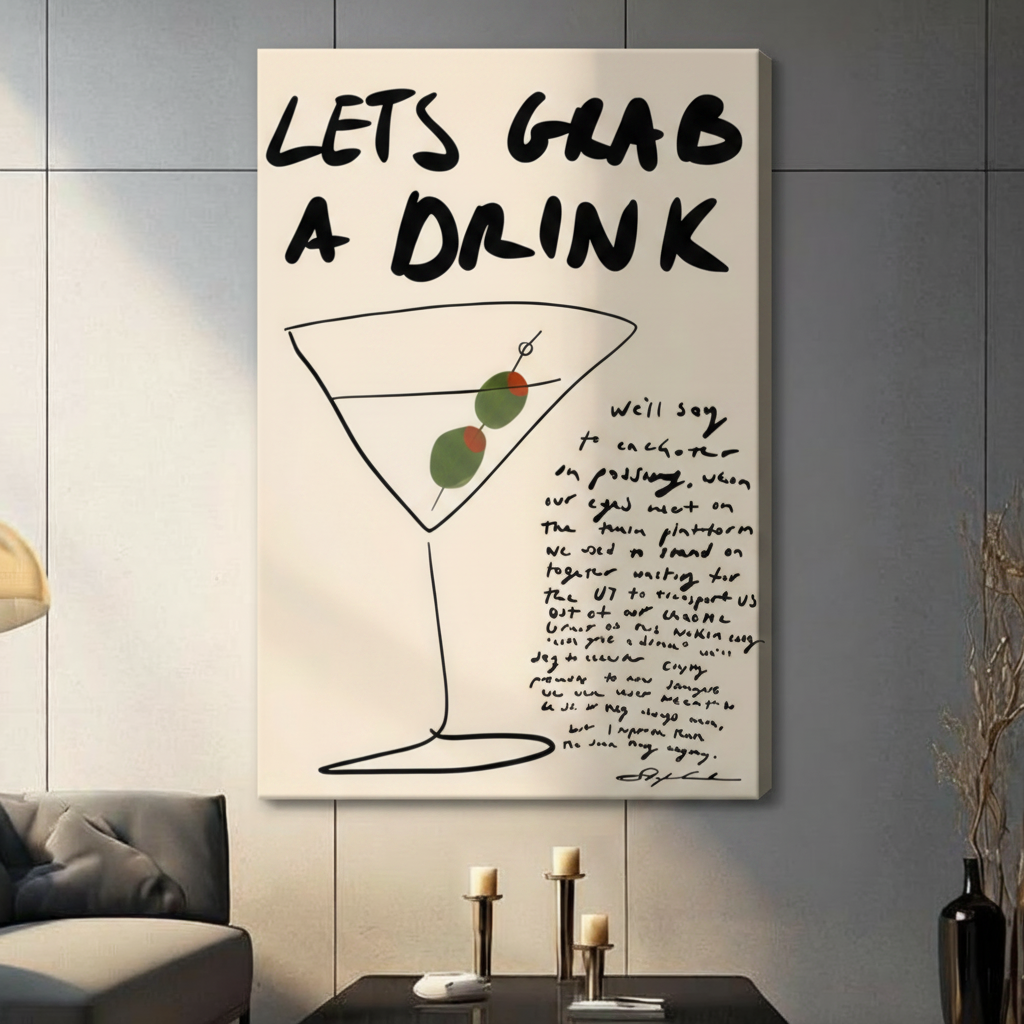 Martini glass line art canvas print – witty typographic wall art for living room or bar