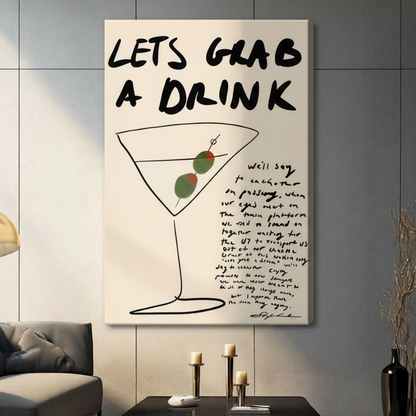 Martini glass line art canvas print – witty typographic wall art for living room or bar