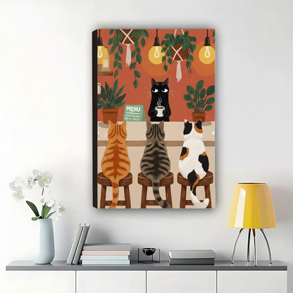 Cats at the Coffee Bar Wall Art – Cozy Boho Illustration Canvas Print on Natural Wood Frame | W2129