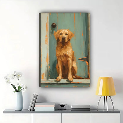 Golden Retriever at Blue Door – Rustic Oil Painting Style Dog Wall Art on Natural Wood Canvas | W2016