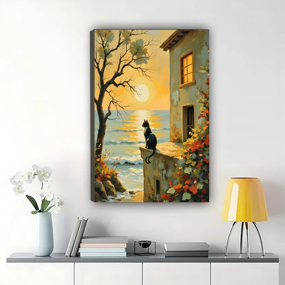 Black Black Cat at Sunset Coast – Serene Coastal Landscape Wall Art on Natural Wood Canvas | W2003