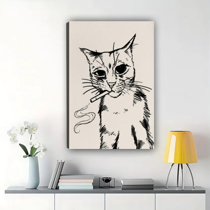 Black Cat with Yarn Minimalist Line Art – Playful Pet Wall Art on Natural Wood Canvas | W834