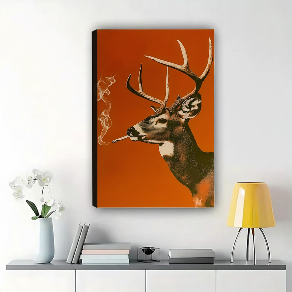 Smoking Stag Wall Art – Bold Retro Pop Art Canvas Print on Natural Wood Frame | W2168