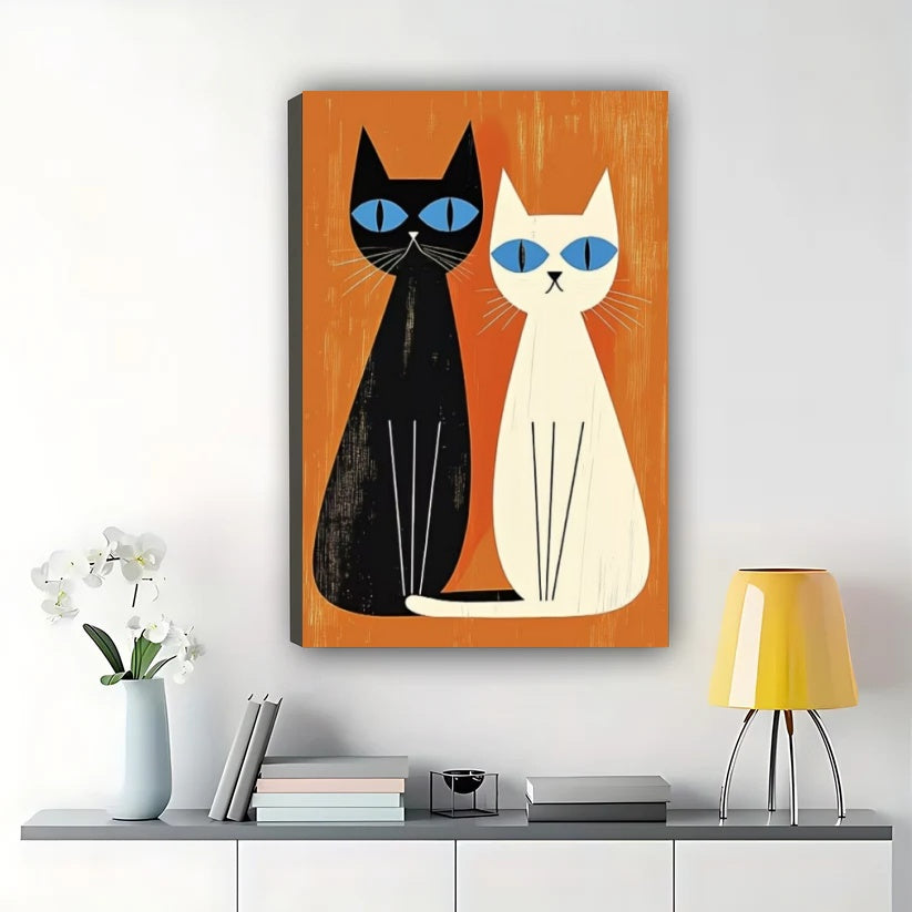Minimalist Black & White Cats on Orange Geometric Background – Modern Pet Wall Art on Natural Wood Canvas | W728