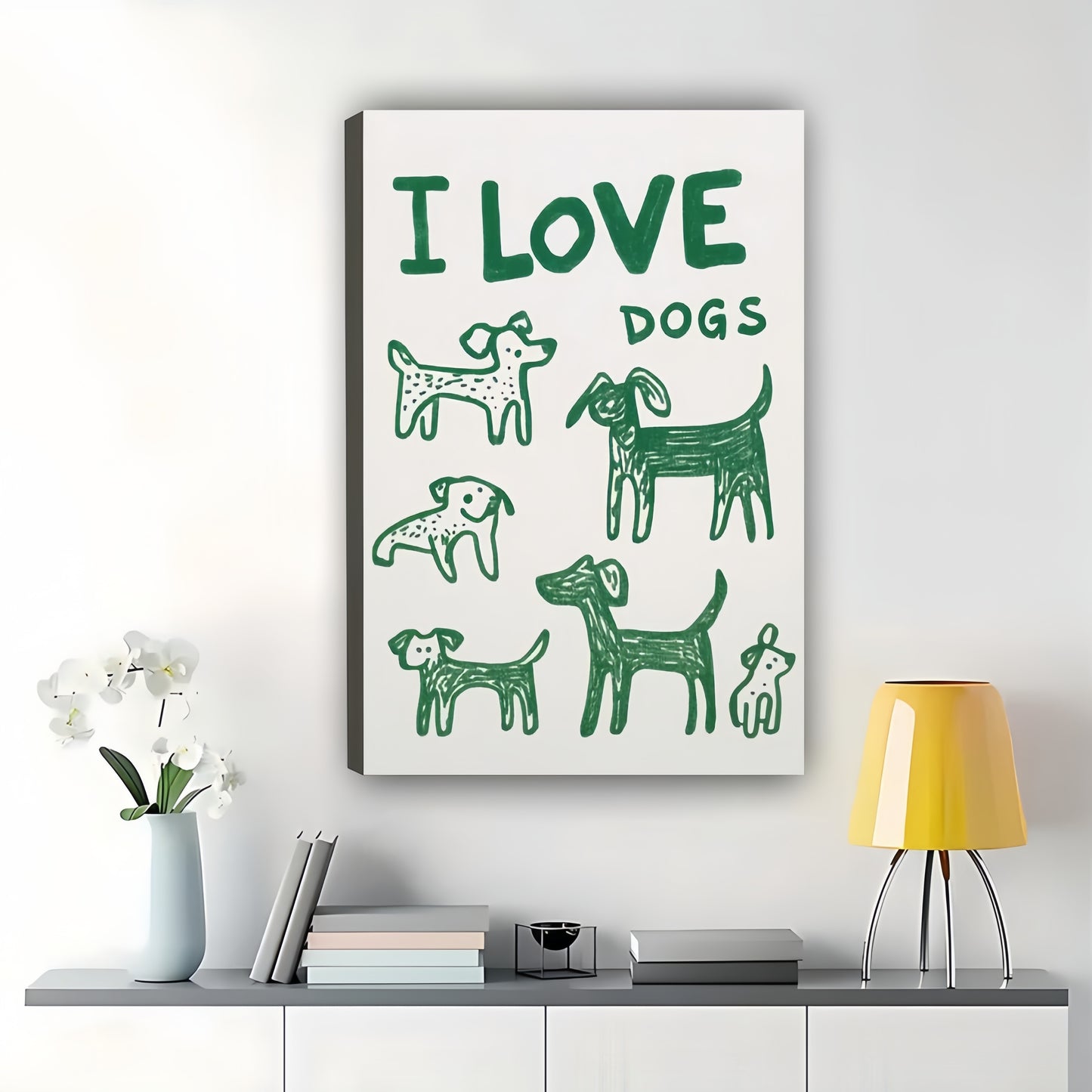 I Love Dogs Retro Dog Silhouettes – Whimsical Dog Wall Art on Natural Wood Canvas | W949