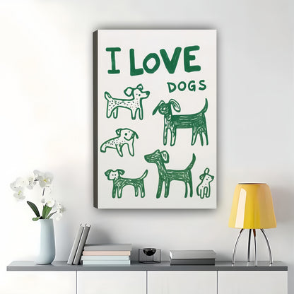 I Love Dogs Retro Dog Silhouettes – Whimsical Dog Wall Art on Natural Wood Canvas | W949