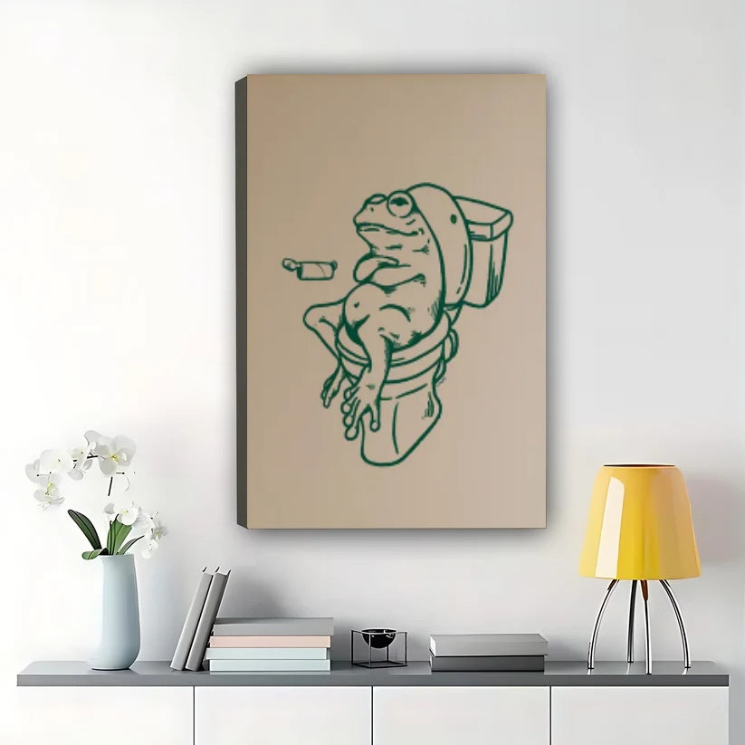 Frog on Toilet – Whimsical Bathroom Line Art Wall Art on Natural Wood Canvas | W866