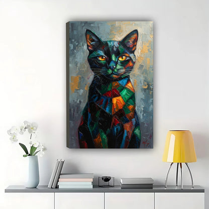 Colorful Abstract Black Cat – Modern Artistic Wall Art on Natural Wood Canvas | W714