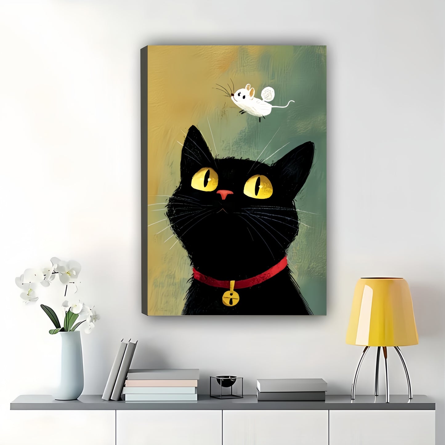 Minimalist Black Cat with Flying Birds Line Art – Calm Cozy Wall Art on Natural Wood Canvas | W687