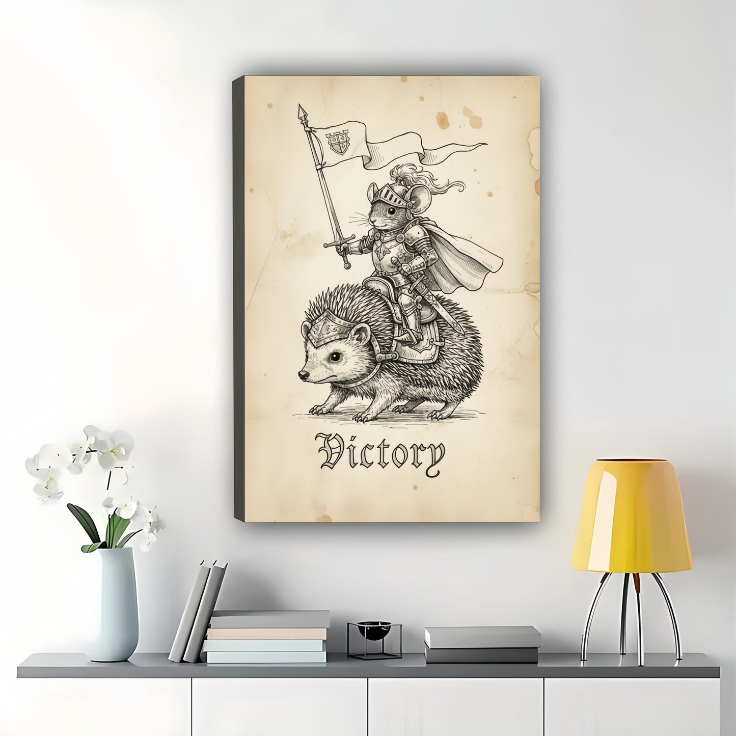 The Hedgehog Knight “Victory” – Vintage Inspirational Sketch Wall Art on Natural Wood Canvas | W633