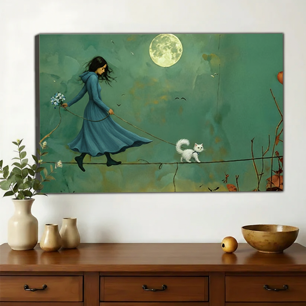 Girl Walking White Cat Under Full Moon Wall Art – Whimsical Teal Fantasy Canvas Print on Natural Wood Frame | W2141