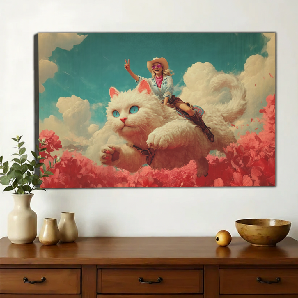 Cowgirl Riding Giant Fluffy Cat Wall Art – Whimsical Surreal Cat Canvas Print on Natural Wood Frame | W2234