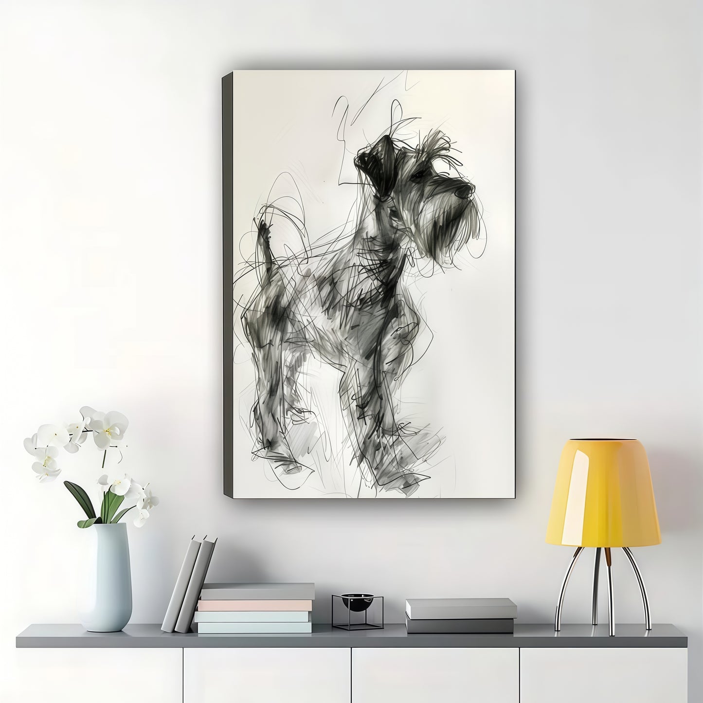 Sketch Style Schnauzer – Hand Drawn Dog Wall Art on Natural Wood Canvas | W2022