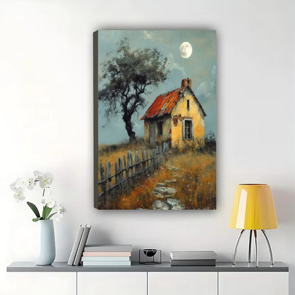 Rustic Cottage Moonlit Landscape – Vintage Countryside Wall Art on Natural Wood Canvas | W2028