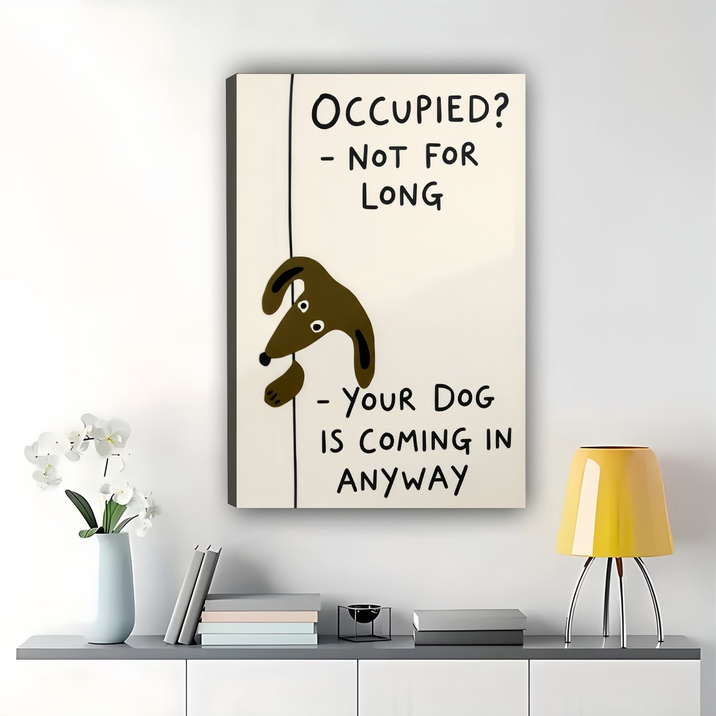 OCCUPIED? NOT FOR LONG Dachshund – Humorous Bathroom Wall Art on Natural Wood Canvas | W849