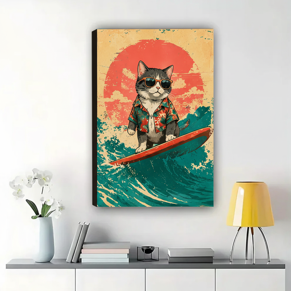 Surfing Cat Wall Art – Retro Vintage Cat Canvas Print on Natural Wood Frame | W2243