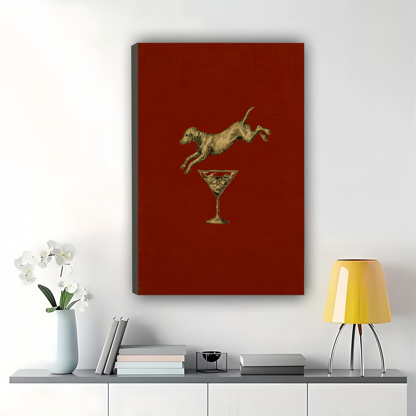 Dog Jumping Over Martini – Whimsical Retro Bar Dog Wall Art on Natural Wood Canvas | W2033