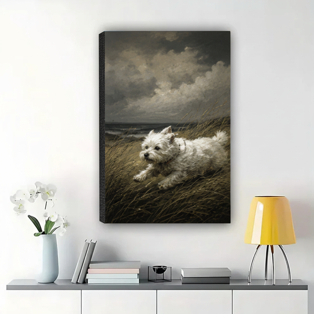 West Highland Terrier Running on the Dunes Wall Art – Dramatic Vintage Dog Canvas Print on Natural Wood Frame | W2283