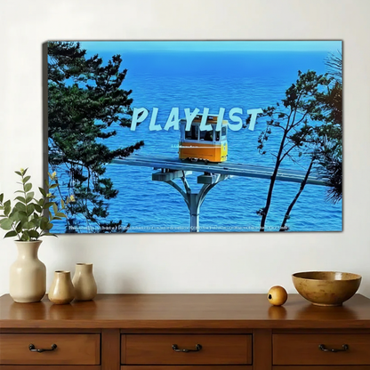 Coastal Cable Car Playlist Wall Art – Retro Y2K Travel Photo Canvas Print on Natural Wood Frame | W2203