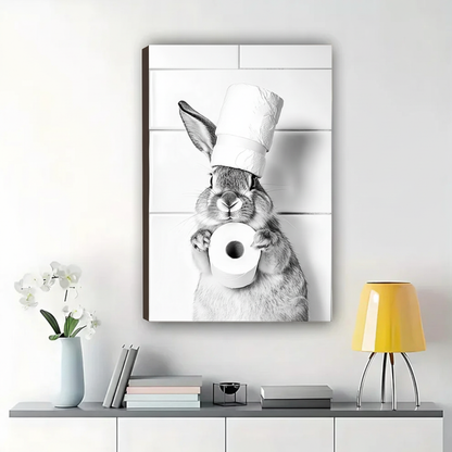 Chef Hat Bunny with Toilet Paper Wall Art – Funny Black & White Bathroom Canvas Print on Natural Wood Frame | W2135