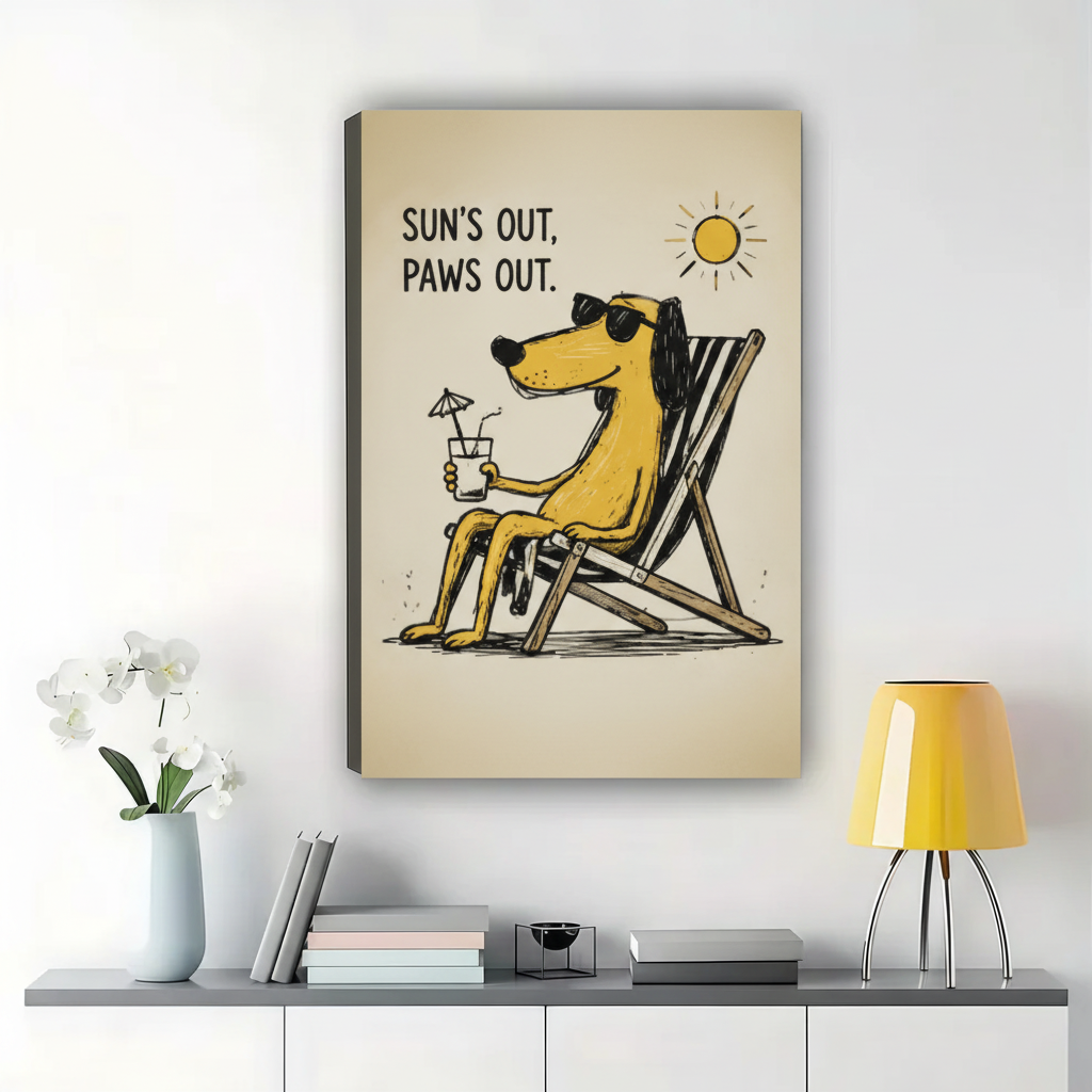 Sun's Out Paws Out Dog Wall Art – Funny Retro Dog Canvas Print on Natural Wood Frame | W2298