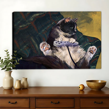 Gamer Black & White Cat – Humorous Video Game Wall Art on Natural Wood Canvas | W940
