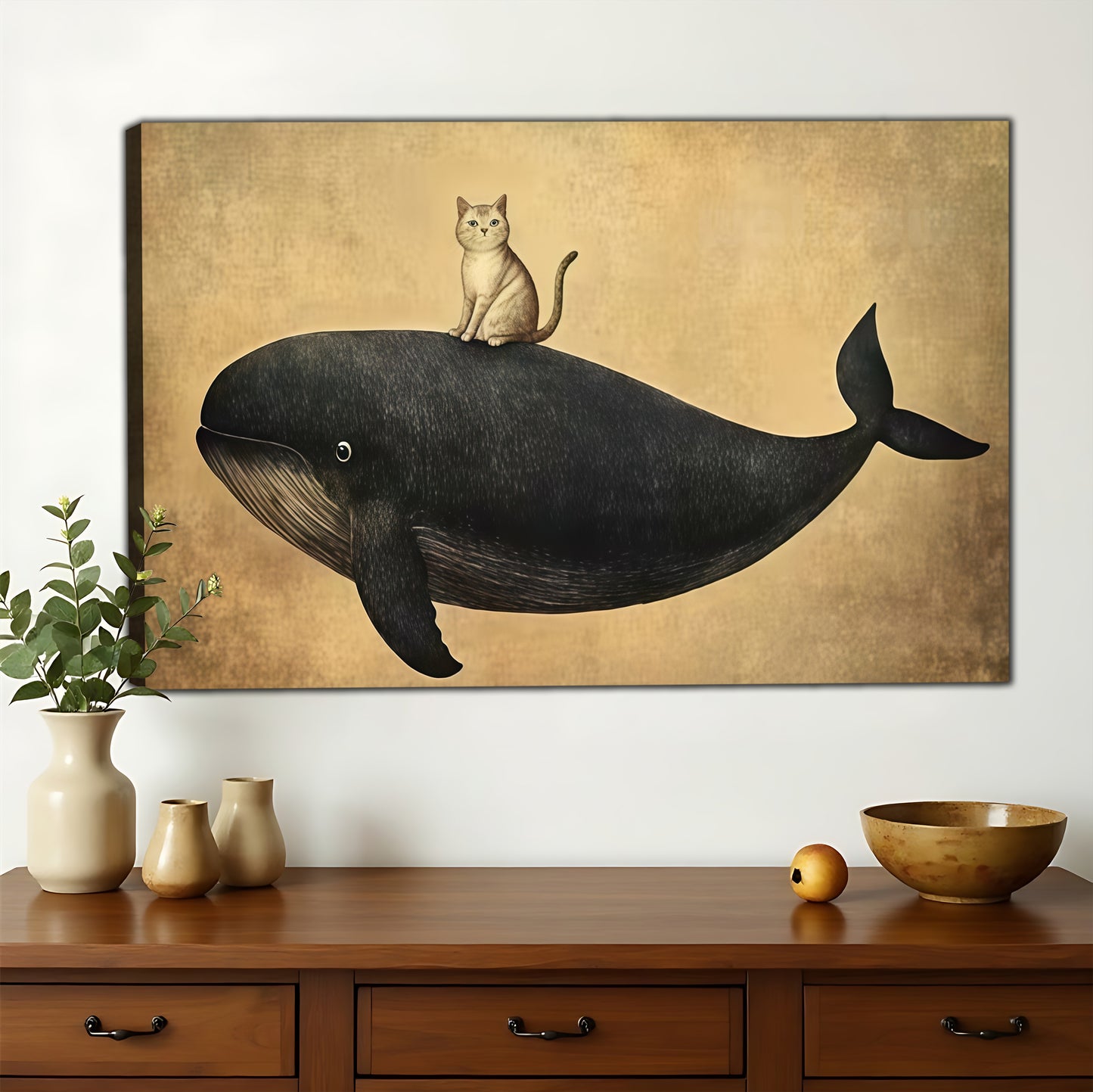 The Minimalist Floating Black Whale – Calm Modern Wall Art on Natural Wood Canvas | W645
