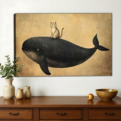 The Minimalist Floating Black Whale – Calm Modern Wall Art on Natural Wood Canvas | W645