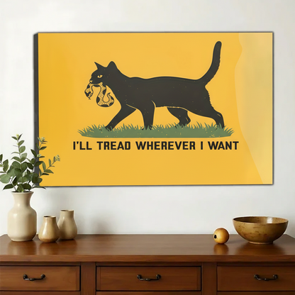 I’ll Tread Wherever I Want  Black Cat with Shoe – Retro Vintage Wall Art on Natural Wood Canvas | W923