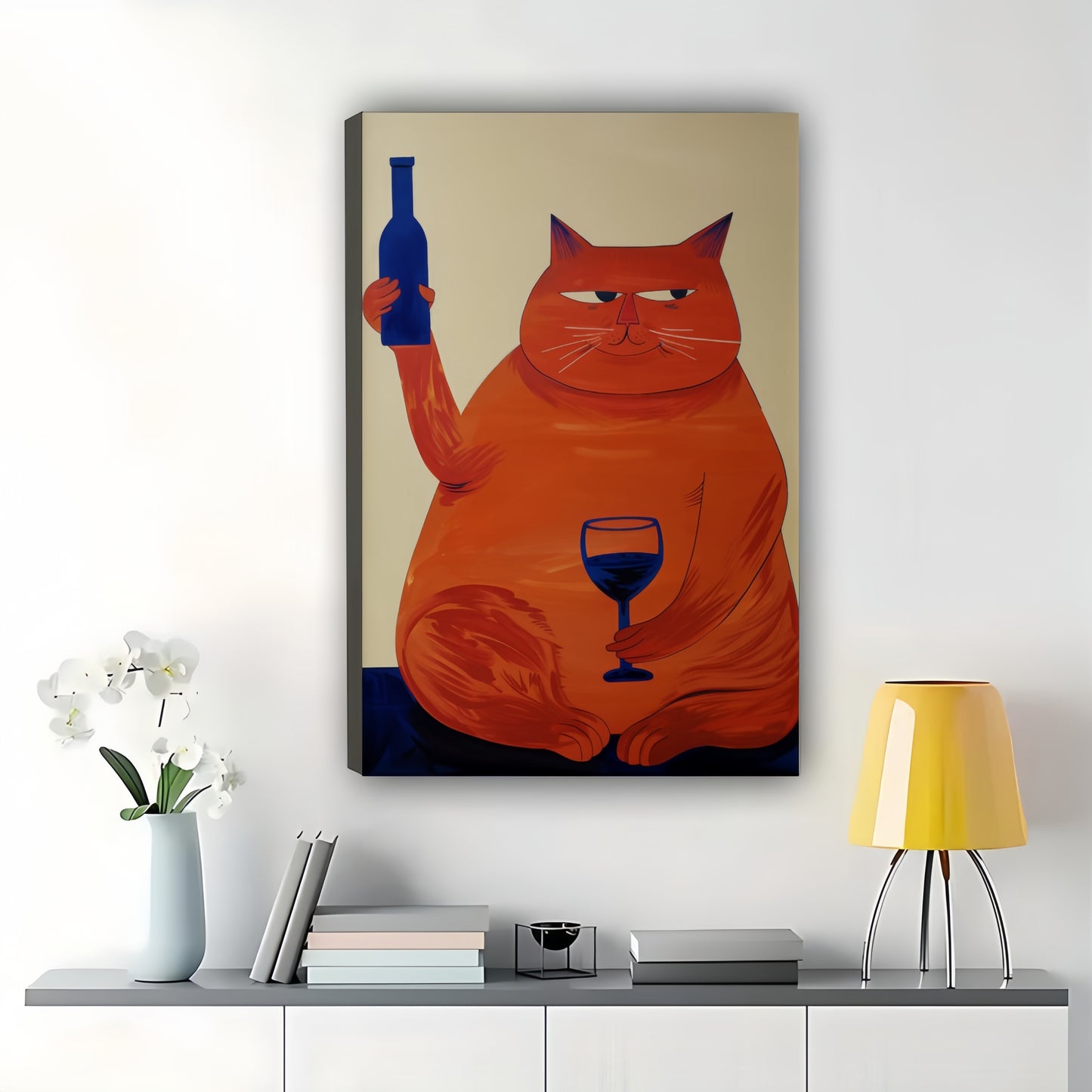 Retro Orange Cat with Wine Glass – Whimsical Culinary Wall Art on Natural Wood Canvas | W721