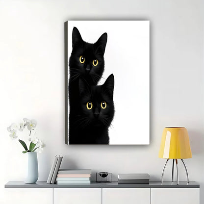 Stacked Black Cats – Minimalist Monochrome Wall Art on Natural Wood Canvas | W801
