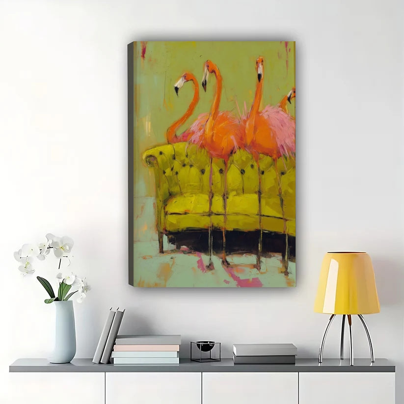 Flamingos on Green Sofa Wall Art – Quirky Abstract Bird Canvas Print on Natural Wood Frame | W2239