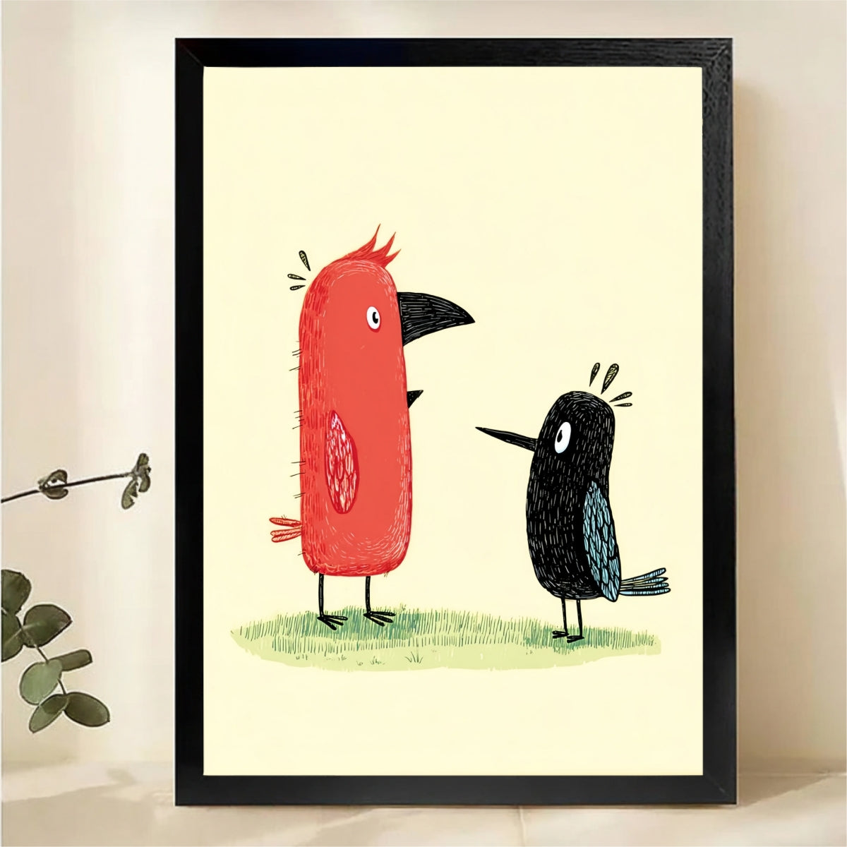 Two Birds Wall Art - Whimsical Red and Black Print|W1271