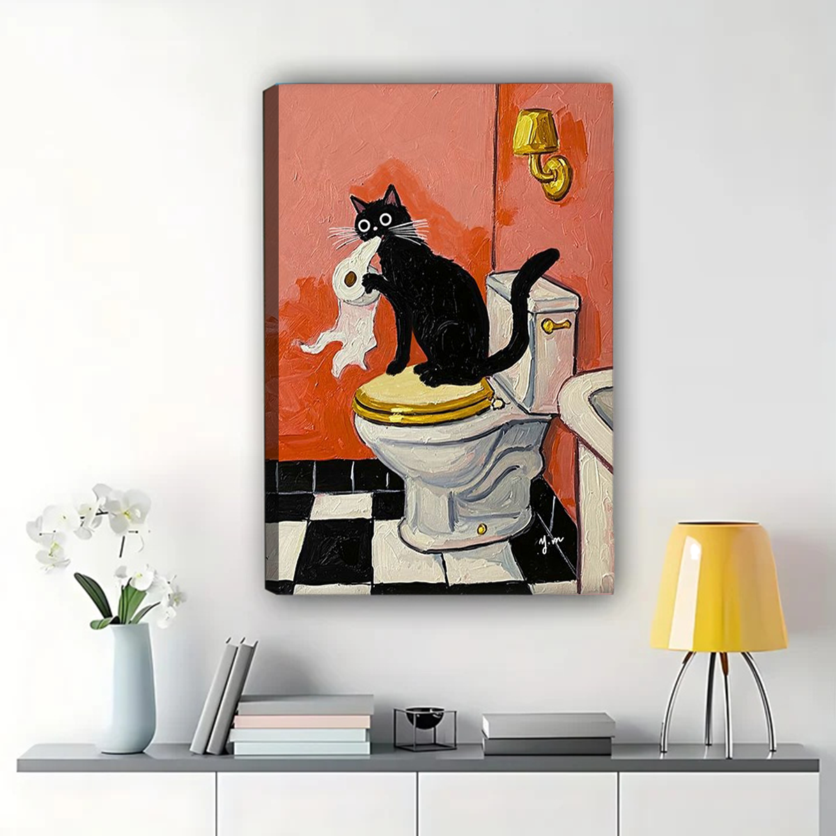 Funny Cat Bathroom Wall Art - Black Cat with Toilet Paper Print|W1226