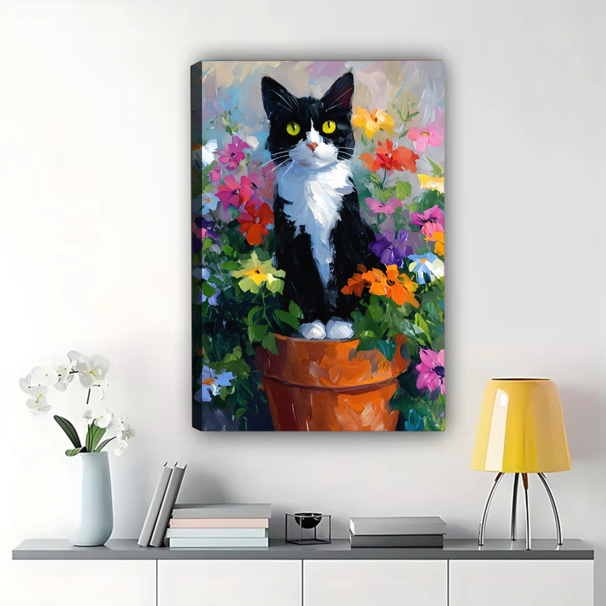 Tuxedo Cat in Flower Pot Canvas Wall Art - Colorful Garden Print|W1158