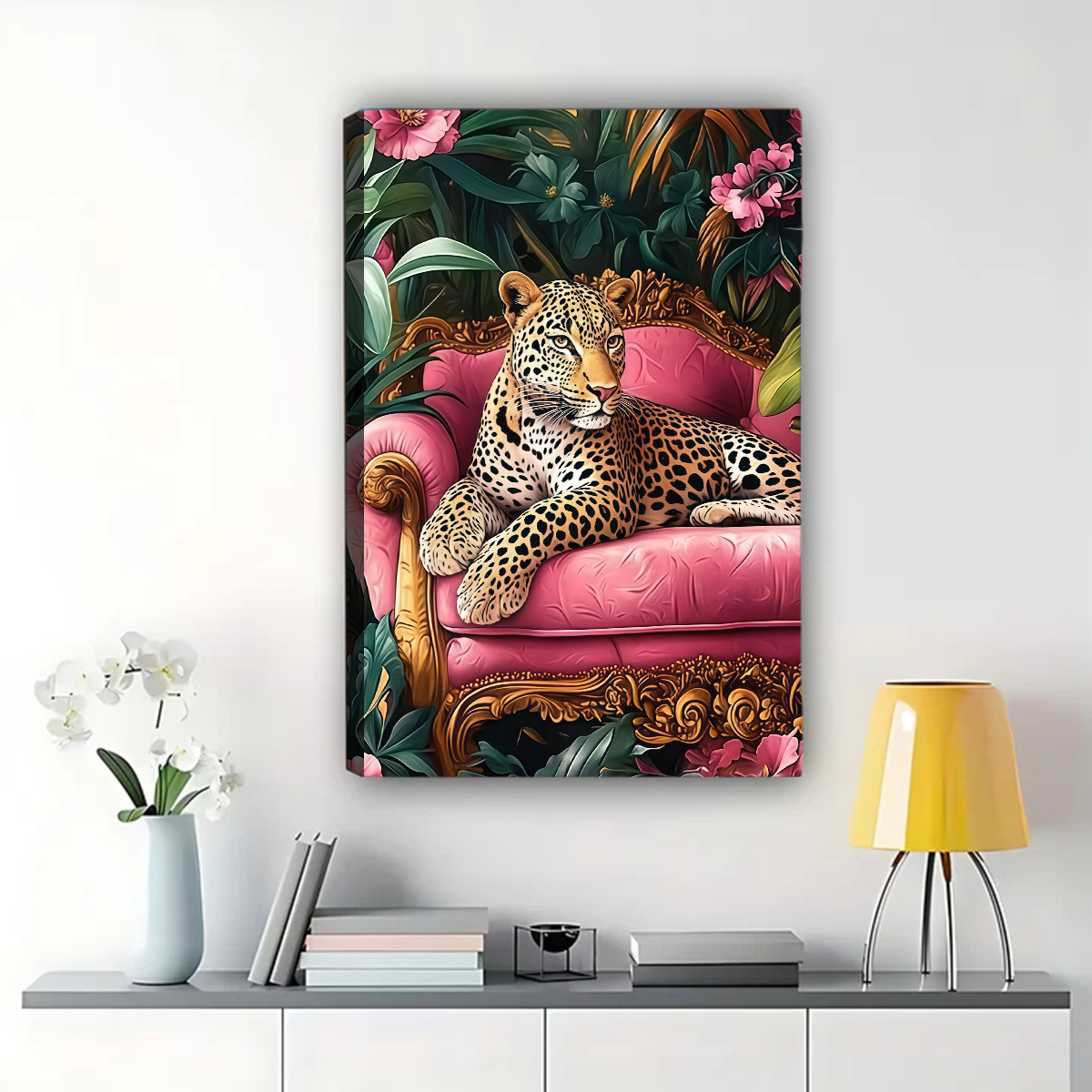 Leopard on Pink Velvet Sofa Canvas Print - Luxury Jungle Wall Art|W1122