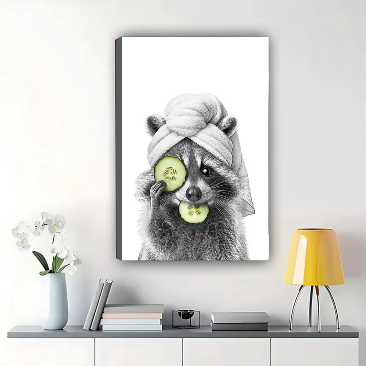 Raccoon Spa Day Wall Art - Funny Cucumber Mask Print|W1279