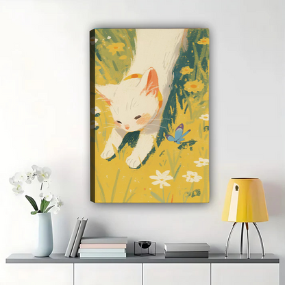 White Cat in Garden Wall Art - Impressionist Style Canvas Print|W1131