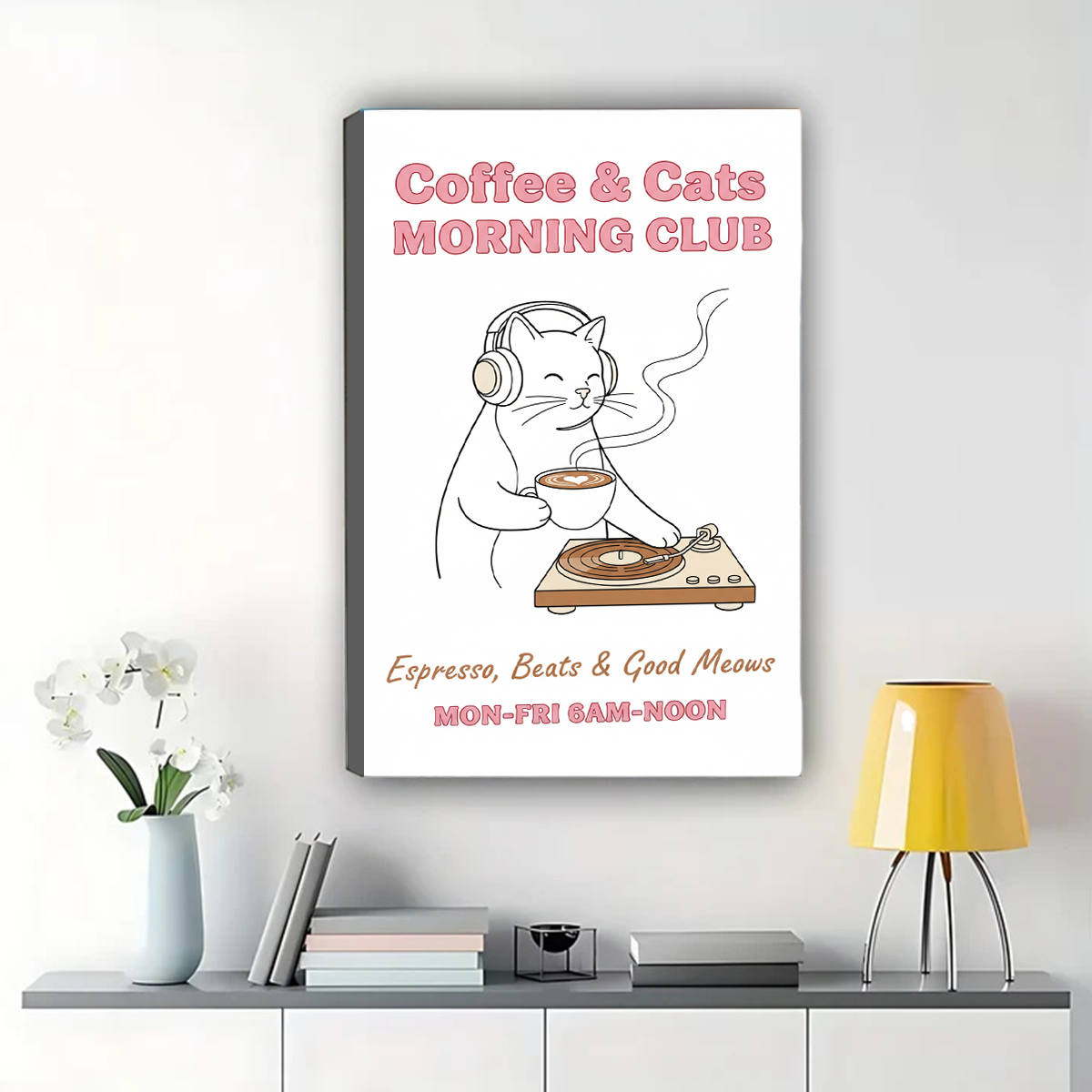 Coffee & Cats Morning Club Art Print - Music Lover Wall Decor|W1143