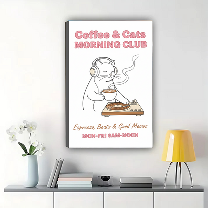 Coffee & Cats Morning Club Art Print - Music Lover Wall Decor|W1143