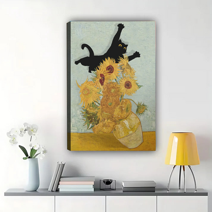 Playful Cat Knocking Over Sunflowers Canvas - Van Gogh Inspired Art|W1165
