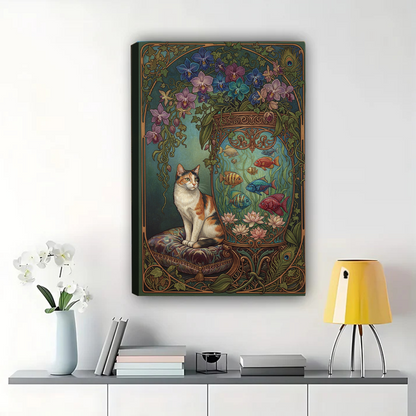 Cat and Koi Fish Art - Art Nouveau Floral Canvas Print|W1098