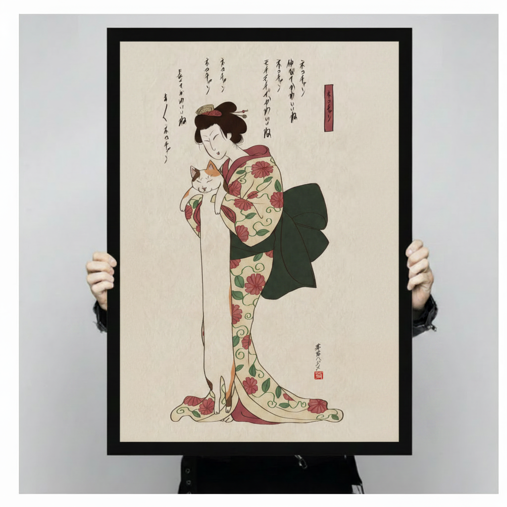 Japanese Ukiyo-e Woman Cat Canvas Art w6607