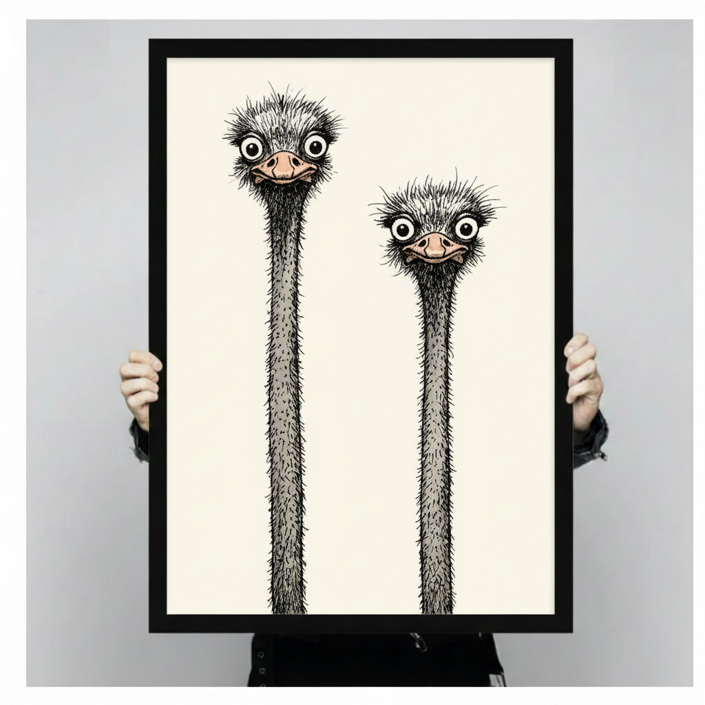 Funny Ostrich Duo Minimalist Ink Canvas Art w6619